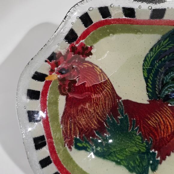 Vintage Peggy Karr Rooster Fluted Glass Bowl Signed Checkered Edge Metal Stand - Picture 4 of 10